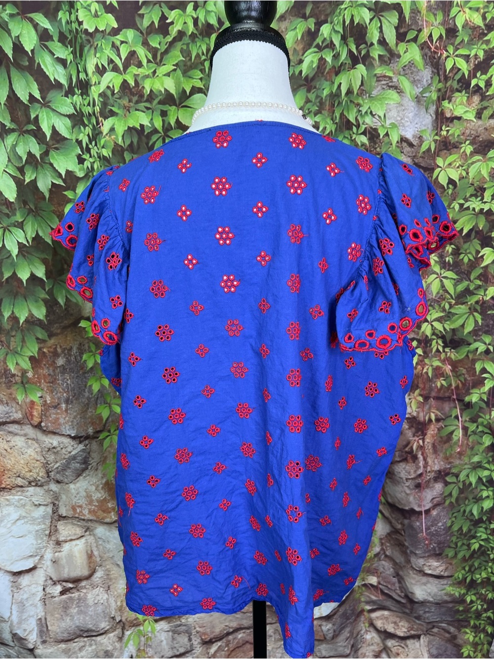 JW STYLE Bohemian Resortwear Blue Ruffled Sleeve Tope with Red Embroidery, XL - Picture 8 of 12